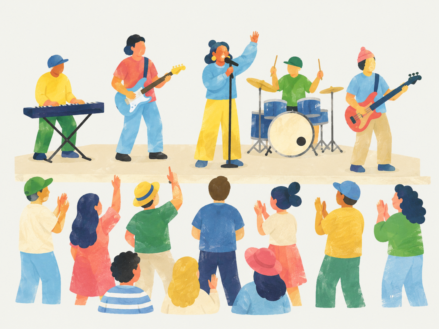 ステージで演奏するミュージシャンと拍手する観客のイラスト